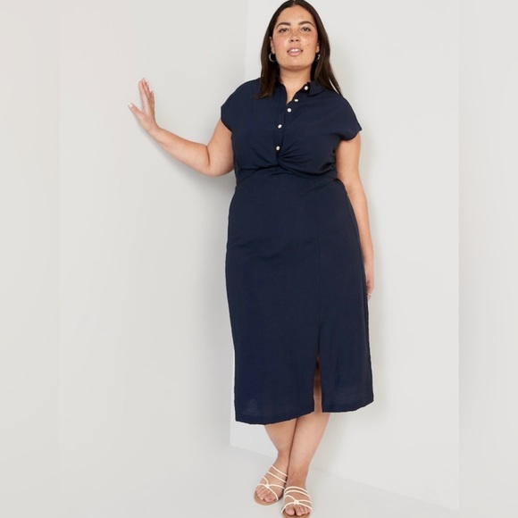 NWT! Navy Blue Waist-Defined Twist-Front Midi Shirt Dress - TALL SIZES - Picture 7 of 8